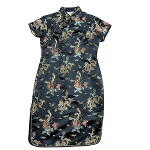 Vintage Y2K SMK Satin Cheongsam Traditional Chinese Dress No Sz Tag Black Gold